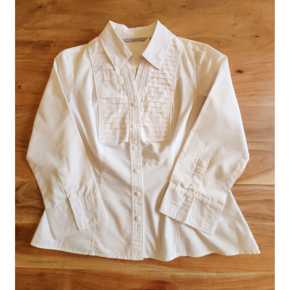 Signature by Larry Levine White Pintuck Pleated Button-Down Blouse Women's Large
